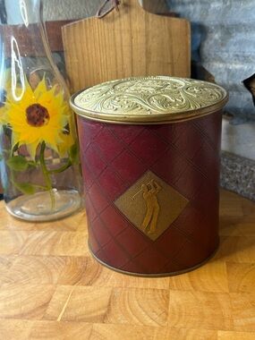 Vintage Red Decorative Metal Canister with Embossed Gold Lid